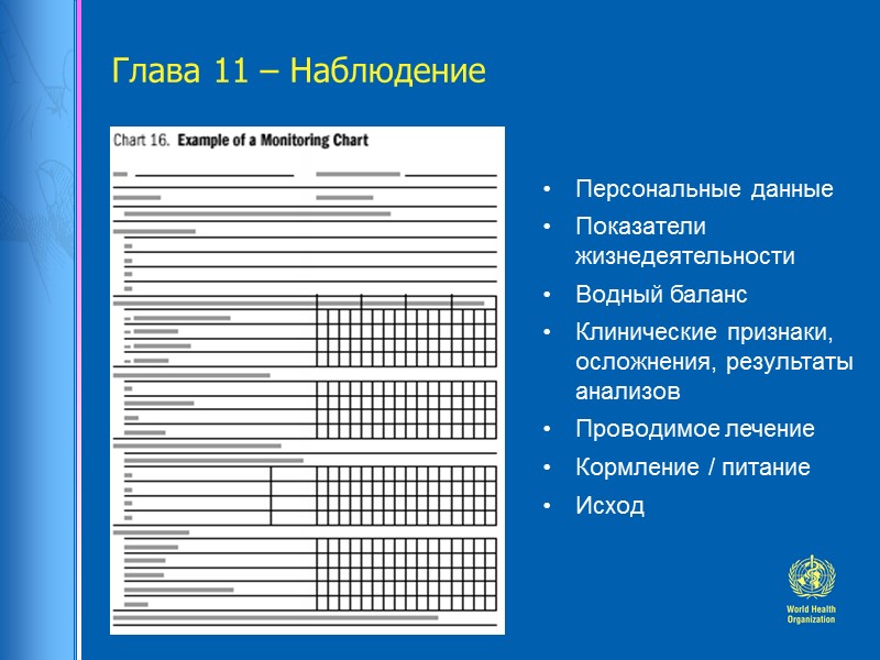 Глава 11 – Наблюдение Персональные данные Показатели жизнедеятельности Водный баланс Клинические признаки, осложнения, результаты